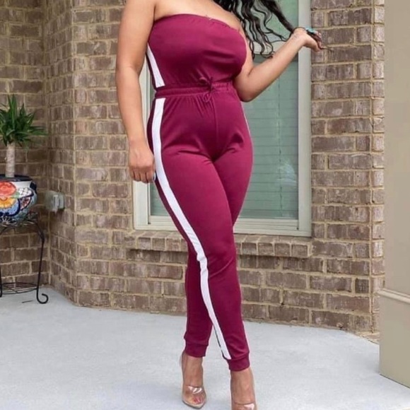 Capella Pants - Burgundy jumpsuit with white stripe. Small. NWT